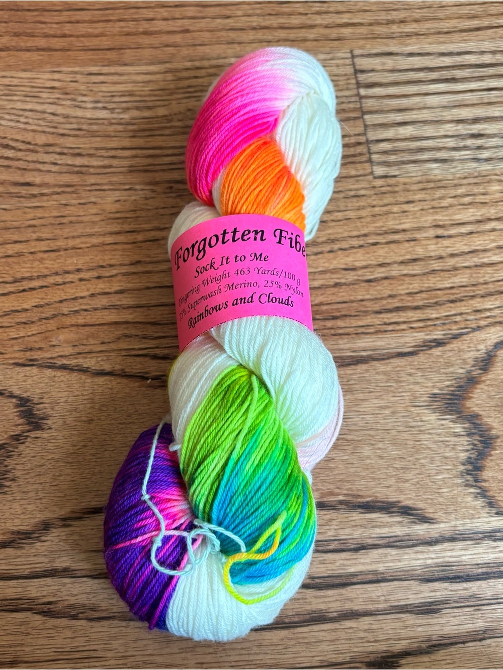 Forgotten Fibers Yarn Skein Fingering Neon Rainbow White Sock Wool Hand Dyed